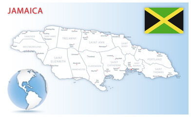 Detailed Jamaica administrative map with country flag and location on a blue globe.