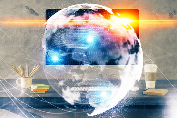 Multi exposure of business theme icons and table with computer background. Concept of success.