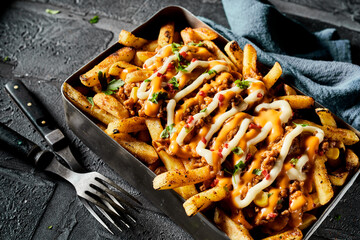 Double portion of spicy fries with beef mince - 367727961