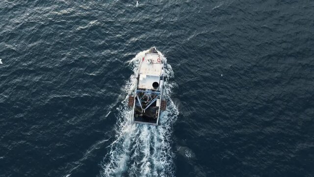 Fishing boat flying drone with large catch fish swirling hungry gulls flock of glaruses aerial view slow motion. Small ship floats on sea surface leaving path of sea foam water. Top view