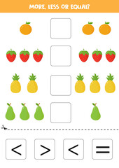 More, less, or equal with cute cartoon fruits.