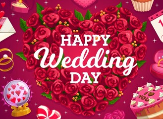 Wedding wreath, cake and love heart of flowers, vector bride and groom marriage party golden rings. Wedding cake and floral bouquet, love message and heart lollipop, crystal ball and gifts