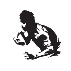 Rugby player holding ball, isolated vector silhouette. Rugby logo