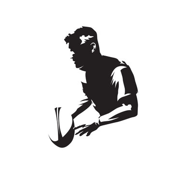 Rugby player holding ball, isolated vector silhouette. Rugby logo