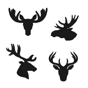 Elk moose and deer silhouettes, animals and hunting vector icons, Elk stag and deer or reindeer and roe heads with antlers and horns, wild hunt and wildlife zoo symbols set