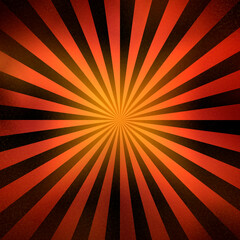 bright background with vintage sunbeams, black and red stripes, with a fiery glow in the center. 60s-style ray beam