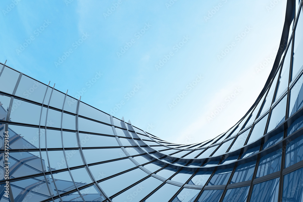 Poster Abstract futuristic architecture, Skyscraper of curve glass office building. 3D render.	

