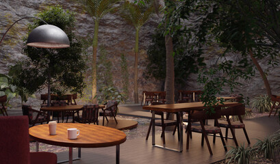3d rendering concept scene with restaurant built in natural cave with plants. Open source Blender app project