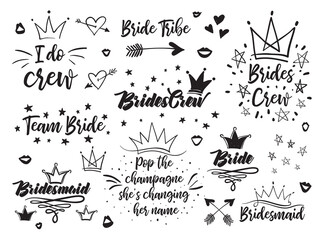 Set of hen bridal and bachelorette party vector logo, slogan, emblem, text. Black card simple t-shirt desgn and  illustration on white background in hand drawn hipster style.