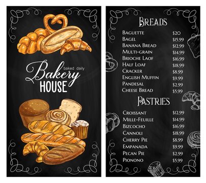 Baker shop menu chalkboard, bread and pastry, bakery food vector sketch. Bakery shop bread and pastries baguette, loaf, croissant and buns, wheat rustic toasts, rye black loaf, bagels and sweet pies