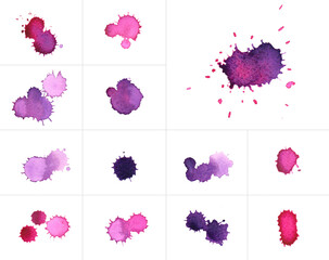 Paint splashes and drops set. Hand drawn isolated watercolor stains.