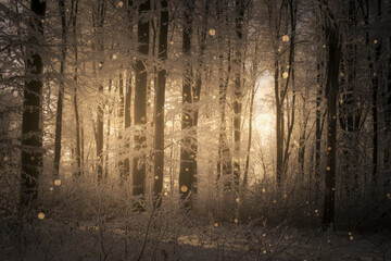 sunset light in winter forest, fantasy landscape