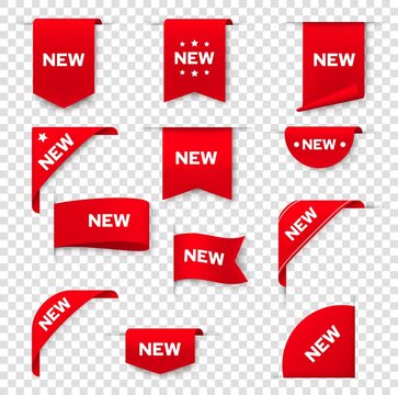 Label banners for web page, NEW tag badges, vector icons. Red sticker signs, corner label banners and ribbons for product promotion sale, new arrival in store and online shop special price offers