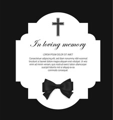 Funeral card, condolence obituary message with RIP black ribbon, vector template. In loving memory, death mourning card with Christian cross in black background, RIP memorial condolence sympathy