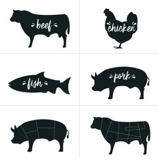 Vector Farm Animals silhouettes set. Meat Cuts Diagrams.