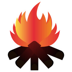 The bonfire burns brightly. Vector illustration. Isolated white background. Flat style. Hot flame of fire. Ignition of wooden firewood. Hiking conditions. Look at the fire and calm down. 