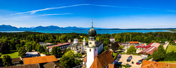 Lake Chiemsee Ising Bavaria. Aerial Panorama. Landscape. Agriculture Fields