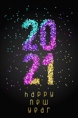 Happy New Year Banner with colored confetti numbers 2021 and with greeting text on black background. Greeting for flyers, postcards, posters, banners and social media.