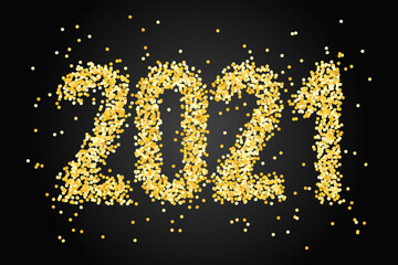 Happy New Year Banner with gold glittering numbers 2021 on black background. Greeting for flyers, postcards, posters, banners and social media.