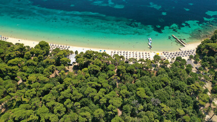 Aerial drone photo of beautiful popular organised sandy bay, turquoise beach and natural preserve...