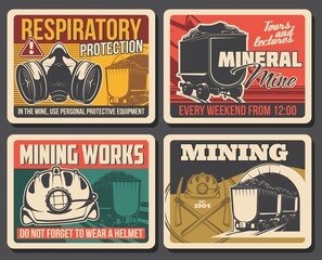 Ore and coal mining poster, mine industry factory and miner equipment, vector. Mining machinery and tools at coal and metal ore deposit quarry, miner wheelbarrow and respiratory protection sign - obrazy, fototapety, plakaty