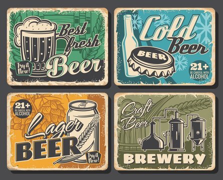 Beer brewery retro posters, alcohol drinks bar, vector Oktoberfest vintage signs or grunge metal plates. Craft beer brewery pub, brewing traditions, beer in wooden barrel, bottle and pint mug
