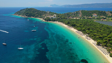 Aerial drone photo of beautiful popular organised sandy bay, turquoise beach and natural preserve...