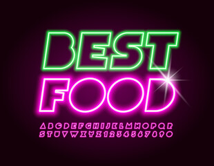 Vector glowing banner Best Food. Creative Neon Font. Electric bright Alphabet Letters and Numbers