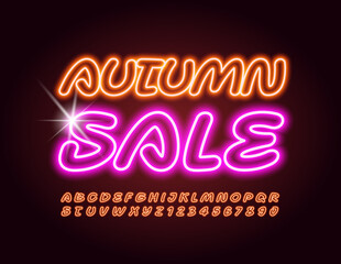 Fototapeta na wymiar Vector promo poster Autumn Sale. Creative Neon Font. Bright electric Alphabet Letters and Numbers