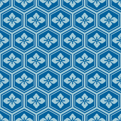 Japanese Blue Flower Hexagon Vector Seamless Pattern