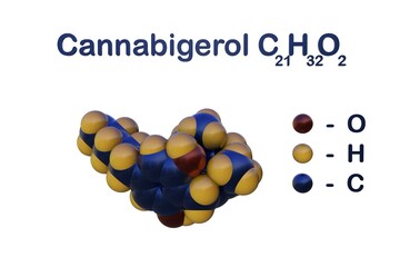 Structural chemical formula and space-filling molecular model of cannabigerol, a minor constituent of cannabis. 3d illustration