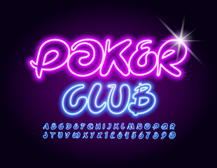 Vector neon emblem Poker Club. Decorative Glowing Font. Artistic Electric Alphabet Letters and Numbers