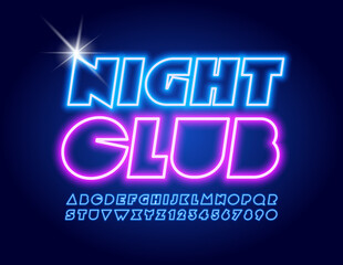 Vector neon sign Night Club. Unique Neon Font. Blue Glowing Techno Alphabet Letters and Numbers