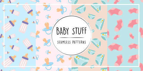 Baby stuff Seamless Patterns pacifier diaper bottle sock flat color vector