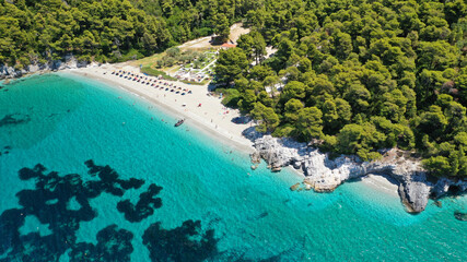 Fototapeta na wymiar Aerial drone photo of secluded rocky cove near turquoise pebble paradise beach of Kastani covered with pine trees, Skopelos island, Sporades, Greece