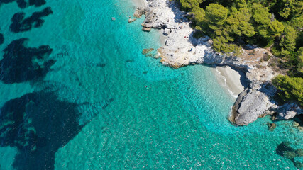 Obraz premium Aerial drone photo of secluded turquoise paradise island rocky cove covered up with pine trees