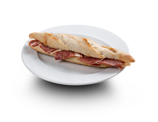 baguette de jamón  ibérico, delicioso sobre fondo blanco. baguette de jamón ibérico, delicioso...