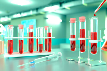Medical 3D illustration, lab test tubes vials in college office - blood sample gene test for virus (eg coronavirus) concept with bokeh effect