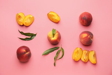 Ripe peaches on color background