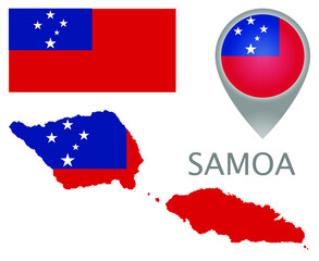 Colorful flag, map pointer and map of Samoa in the colors of the Samoa flag. High detail. Vector illustration