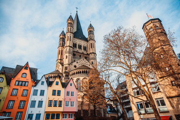 Cologne, Germany: Famous Fish Market Colorful Houses and Gross St Martin Church