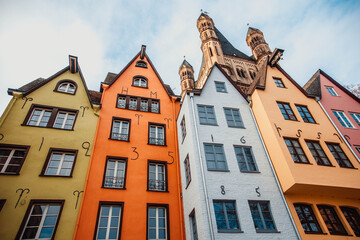 Cologne, Germany: Famous Fish Market Colorful Houses and Gross St Martin Church