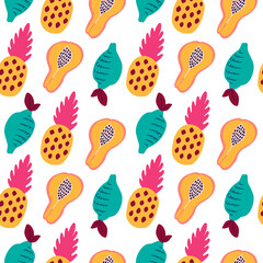 Abstract tropical fruits pattern. Exotic seamless pattern with fruits - pineapple, lemon, papaya. Vector illustration in hand drawn style. Bright ornament for textile and wrapping.