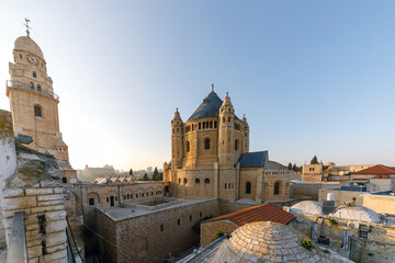 Fototapeta na wymiar Wide view on the Dormitsion abbey in Jerusalem at sunset