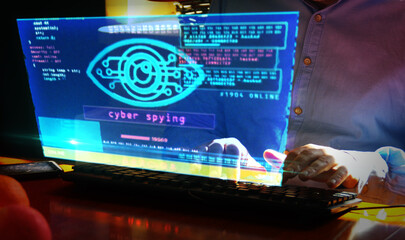 Cyber spying hacking and supervise eye symbol on screen illustration