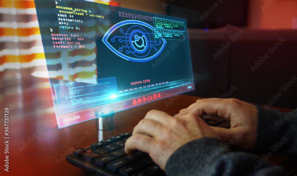 Wall mural cyber spying hacking and supervise eye symbol on screen illustration