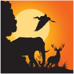 silhouette of animals and bird