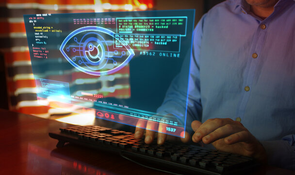 Cyber spying hacking and supervise eye symbol on screen illustration