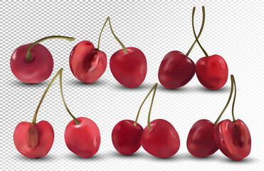 Fresh Cherries on transparent background. Collection ripe red cherries. Nature product. 3D realistic berries. Vector illustration.