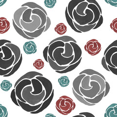 Grey, blue and red roses on a white background. Watercolor seamless pattern. Design for card, print, fabric, wrapping. 